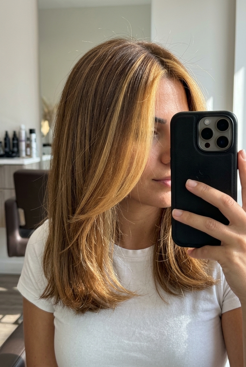 shoulder-length honey blonde bob with caramel honey money pieces and face-framing highlights