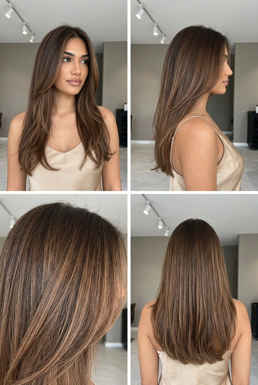 long flowing haircut with muted caramel balayage on brunette, soft layers, face-framing pieces — effortless summer style