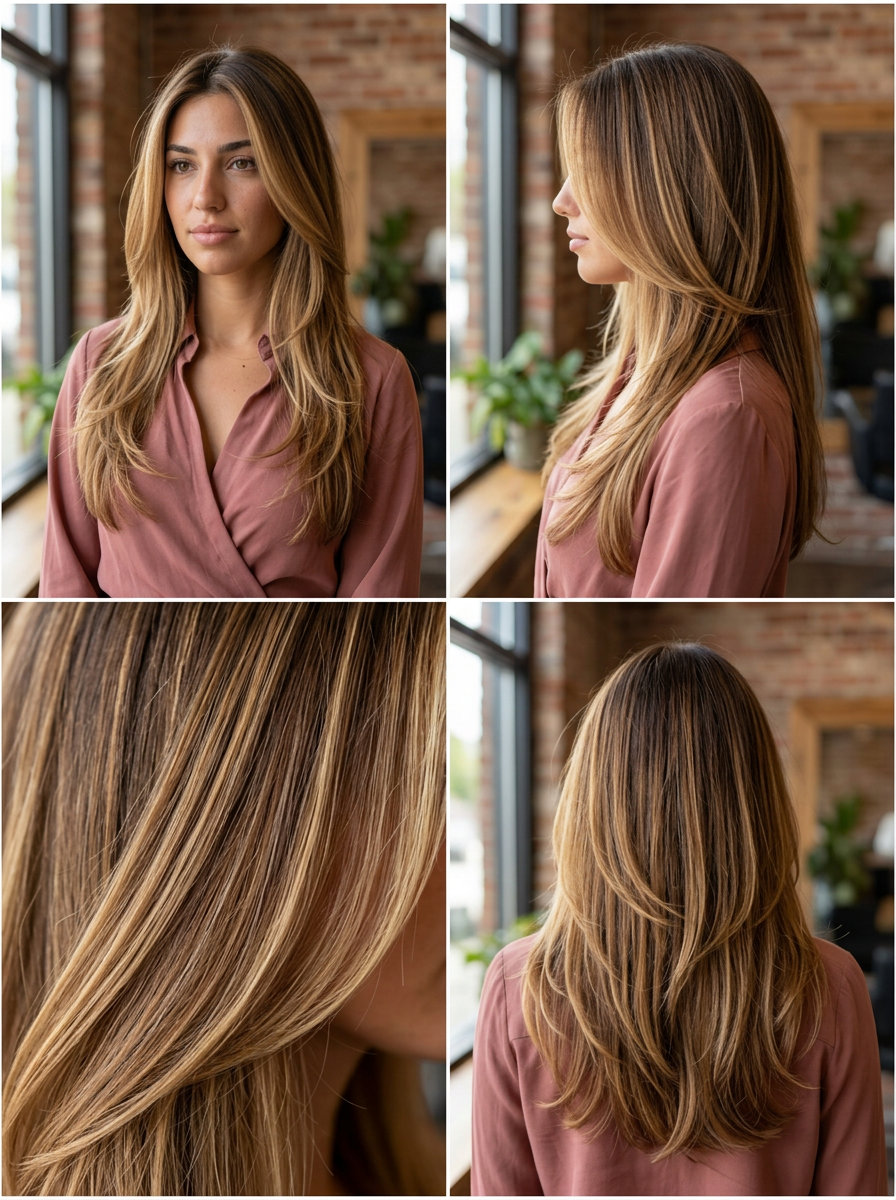 long layered haircut with caramel & golden blonde balayage, face-framing layers for round face