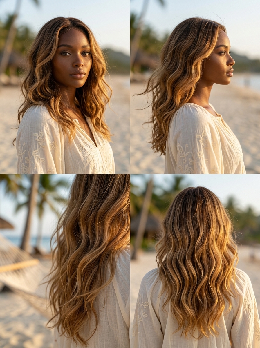 long caramel brown soft ombre waves hairstyle with golden blonde, loose ripples, no fringe — relaxed bohemian festival