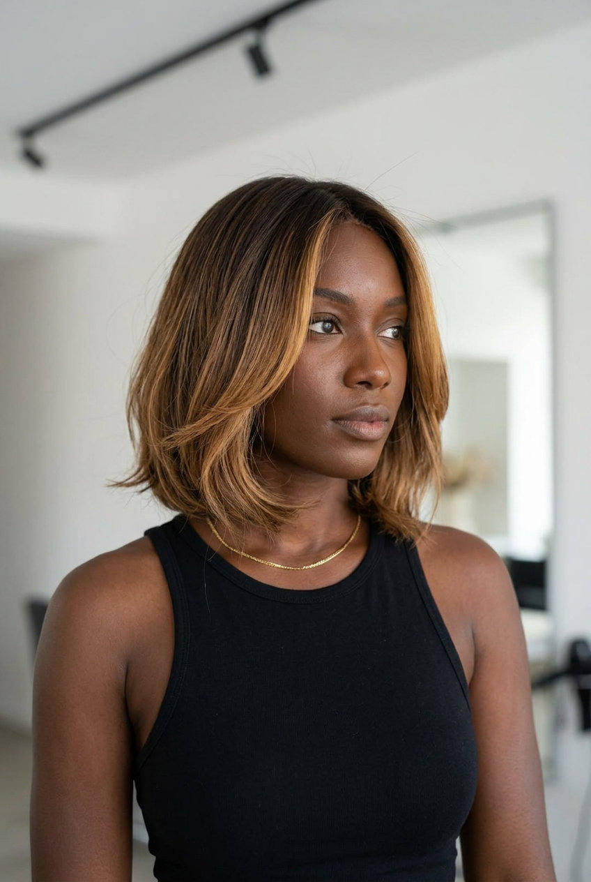chin-length bob haircut with caramel ombré and face-framing layers for beachy look