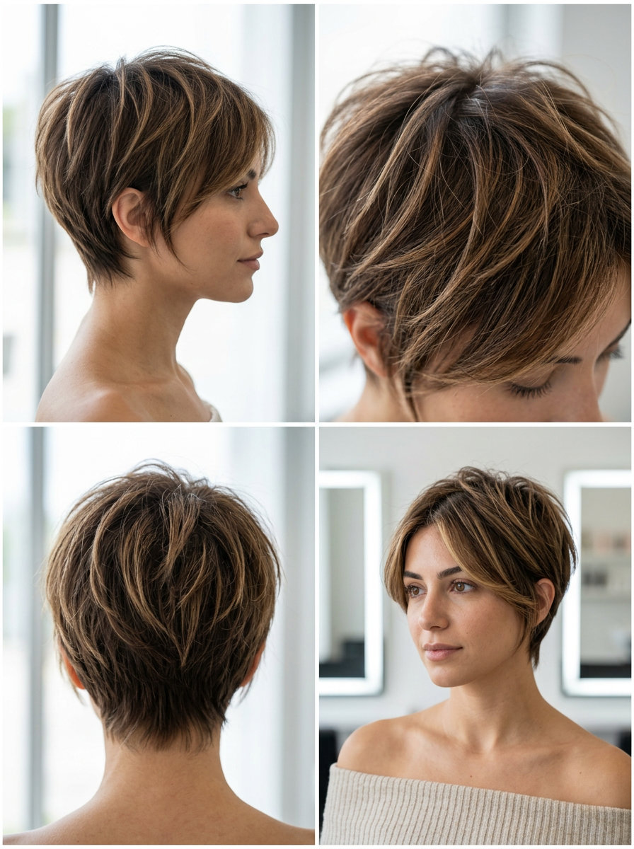 short pixie haircut with warm caramel sun-streaks on brunette, point-cut texture, tapered sides — playful summer style