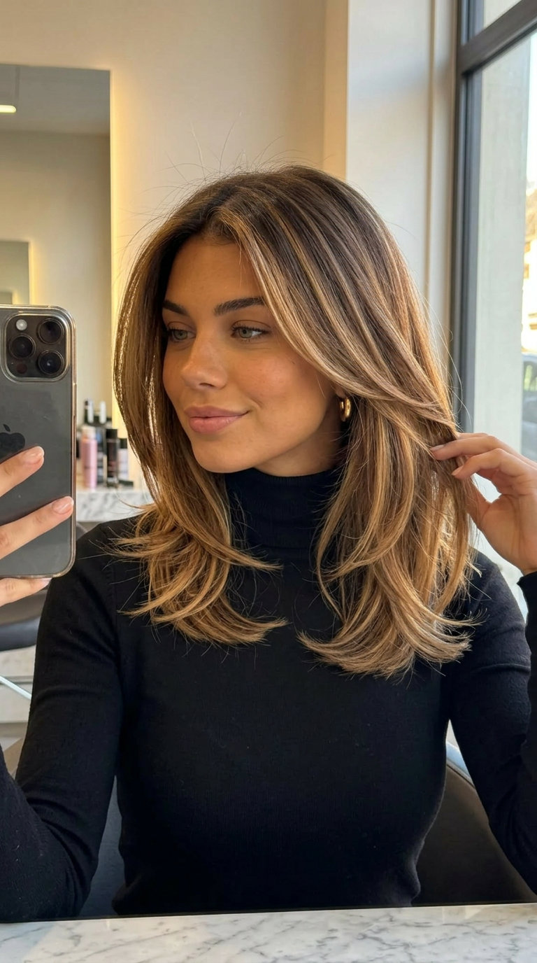 shoulder-length golden caramel balayage with warm honey blonde ribbons, face-framing pieces — soft, natural