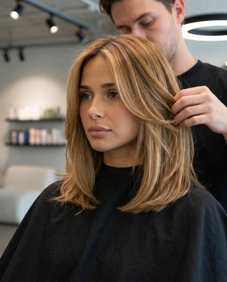shoulder-length caramel blonde lob with golden honey balayage and face-framing pieces for beachy waves