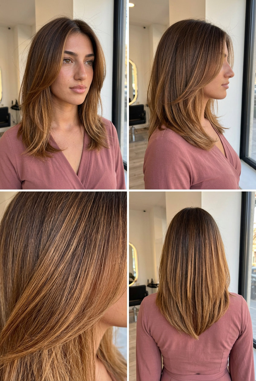 shoulder-length caramel glaze ombre with graduated layers for effortless waves