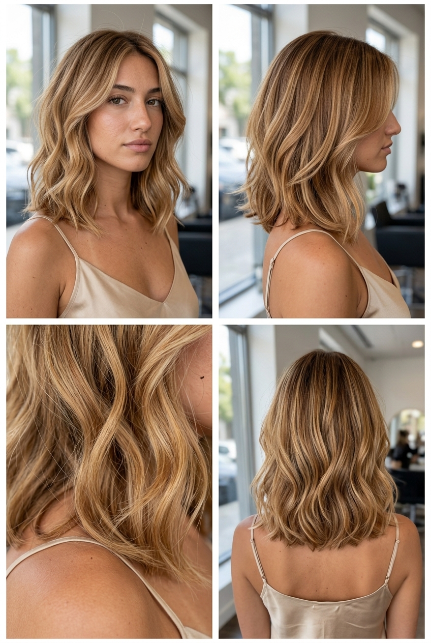 collarbone-length lob with caramel swirl blonde and golden honey highlights, U-shape back, face-framing pieces — dimensional warm