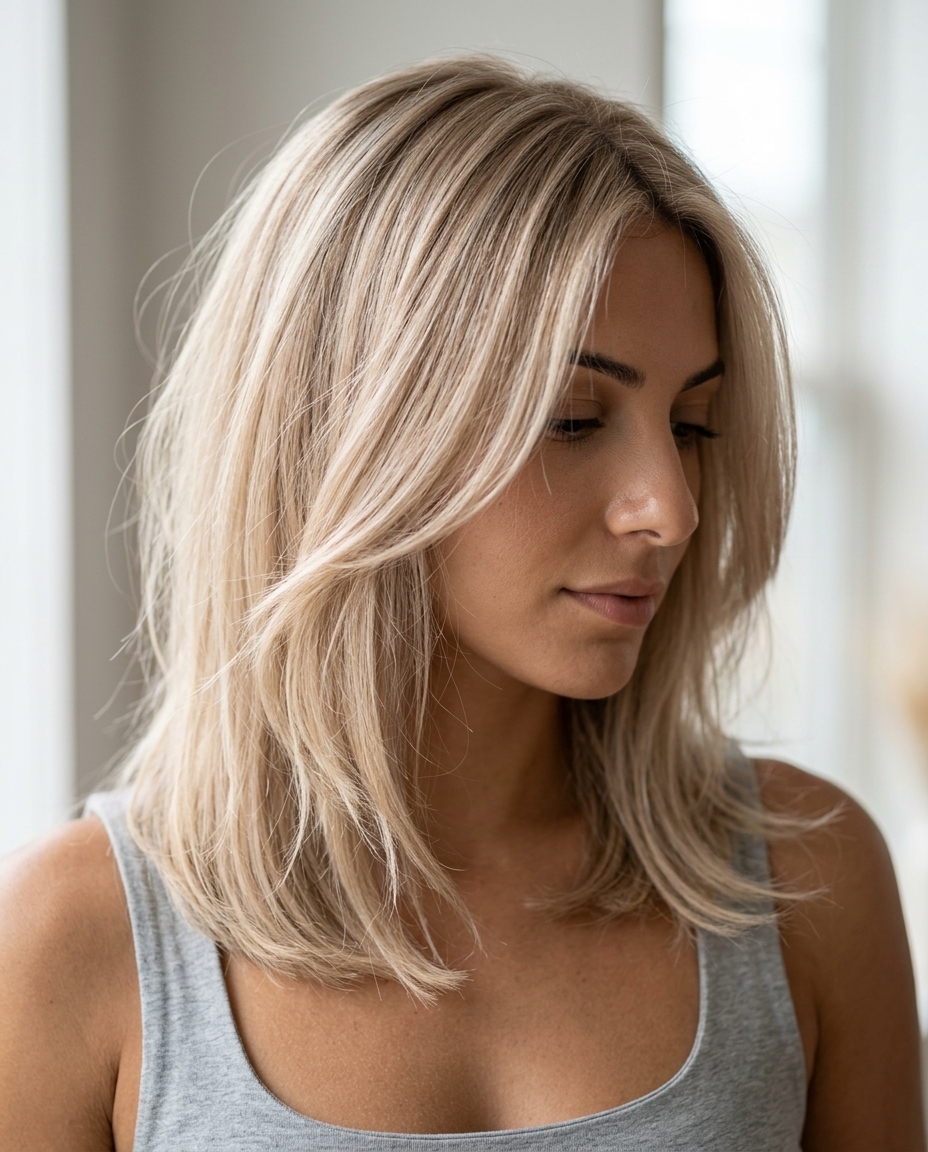 long champagne blonde babylights with creamy beige undertones, micro-fine highlights for soft, effortless look