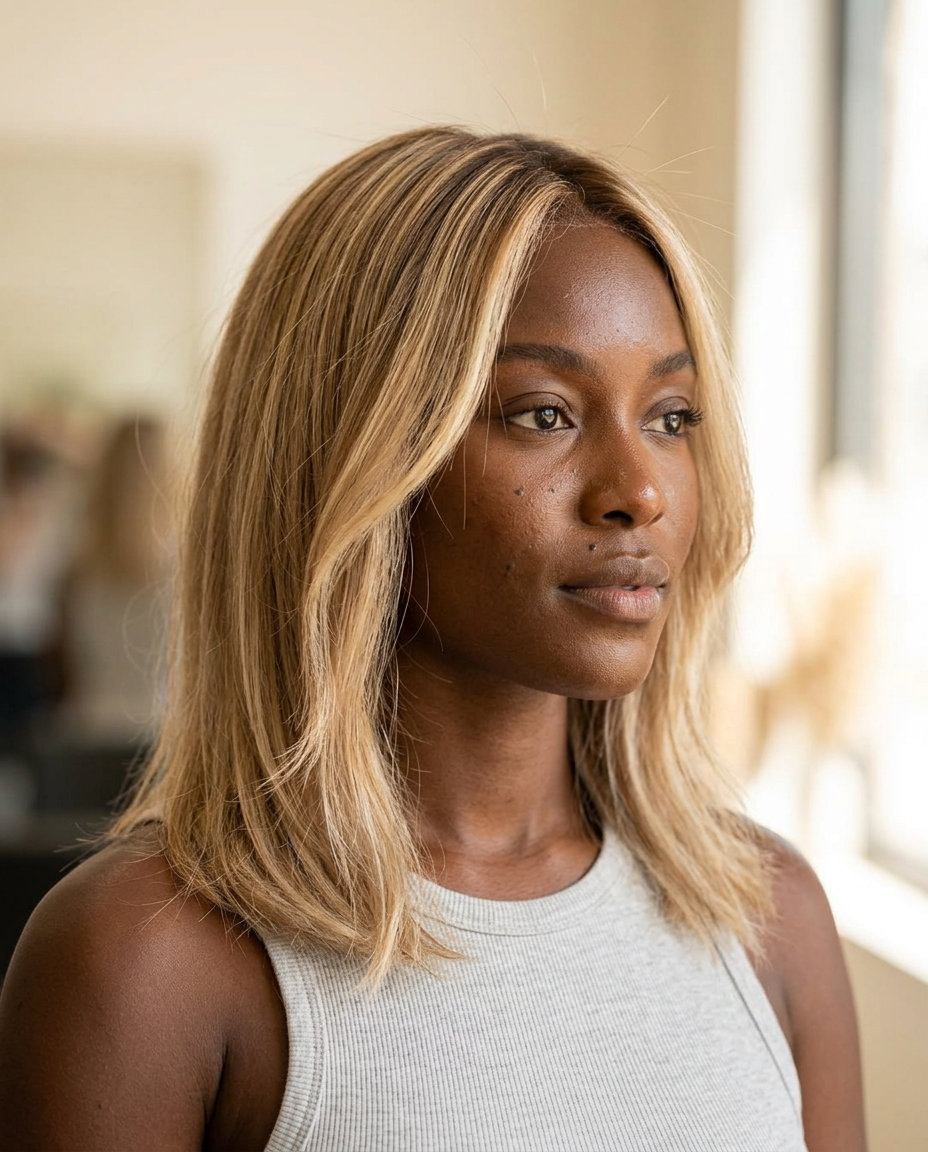 Champagne Blonde Balayage: Effortless Summer Hair 2026 long champagne blonde balayage with warm golden blonde and dark vanilla root for effortless radiance