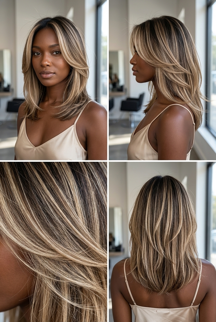 Champagne Babylights for Dark Skin 2026 long subtle layers champagne babylights with natural dark base, delicate weave β soft effortless mood