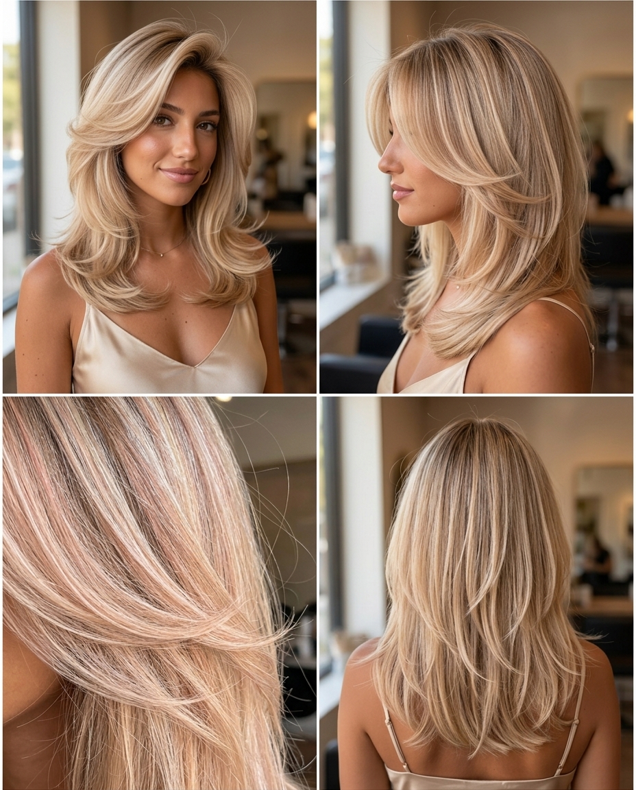 medium champagne pop blonde with pink/peach undertones and voluminous blowout for retro glam