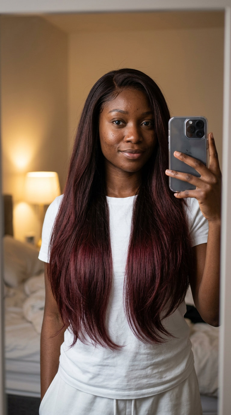 shoulder-length pearl grey shag ombre with charcoal root, silver ends, and wispy bangs — modern chic
