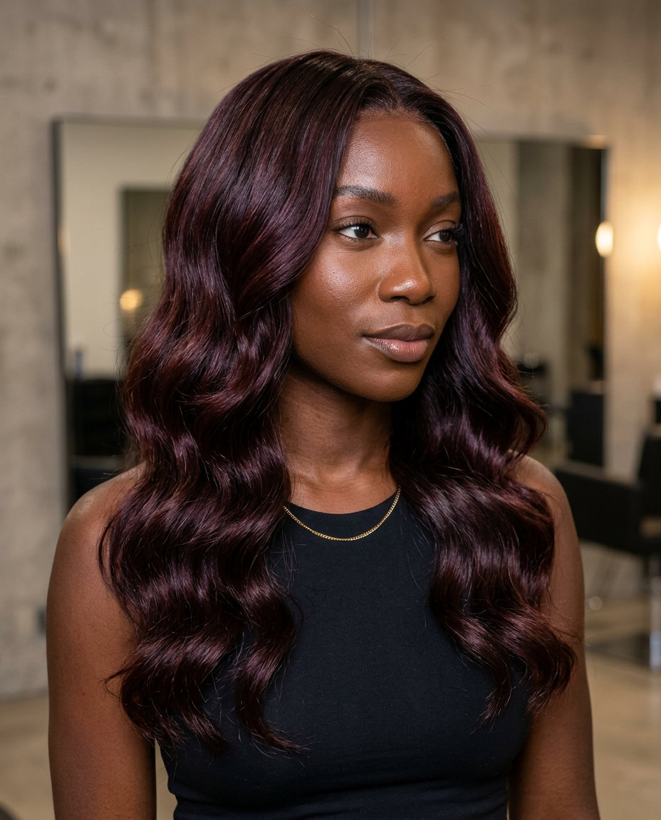 long layers deep cherry cola brunette with violet reflects, rich cherry red — sultry summer waves