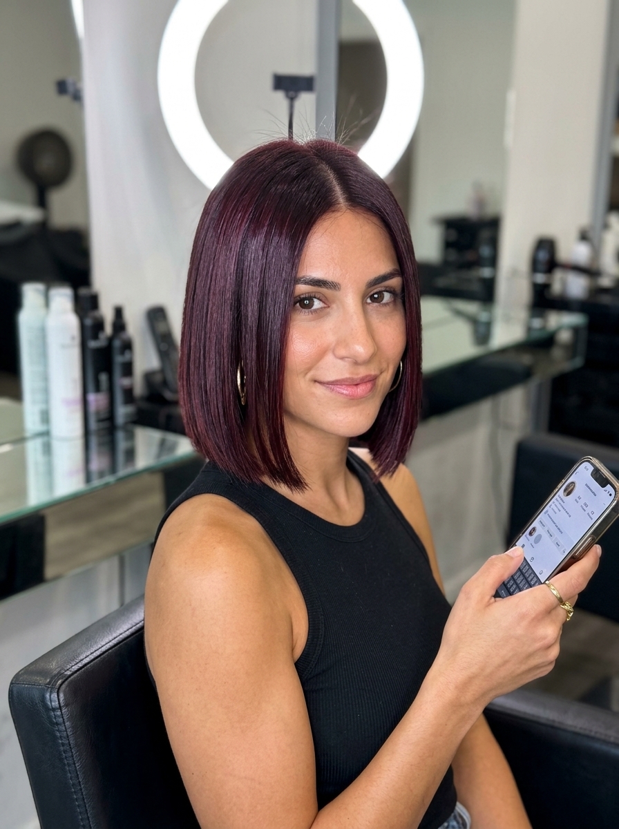 chin-length blunt bob haircut in cherry cola red with no layers for sophisticated look