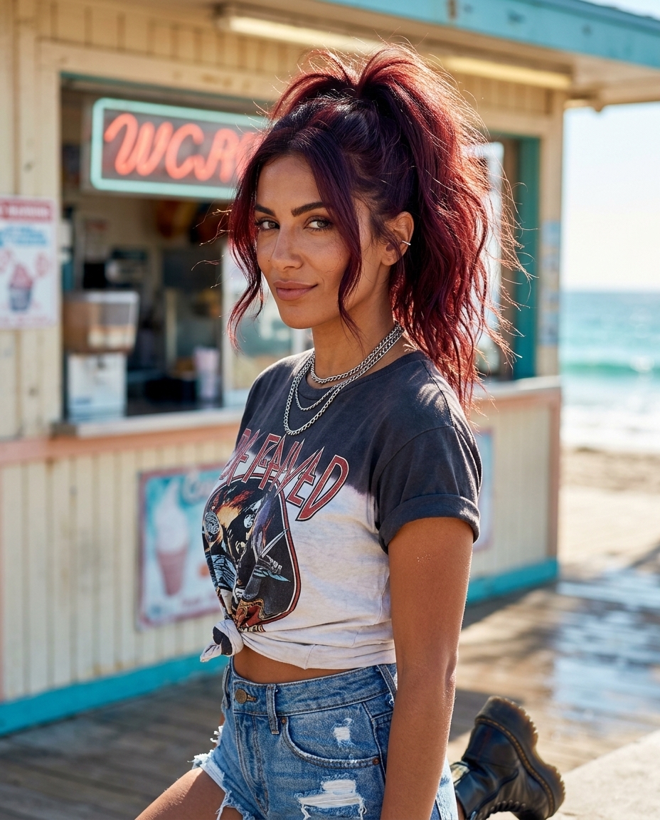 Festival Cherry Cola Ponytail 2026: Edgy & Playful long messy ponytail with cherry cola, teased volume, face-framing pieces β playful music festival