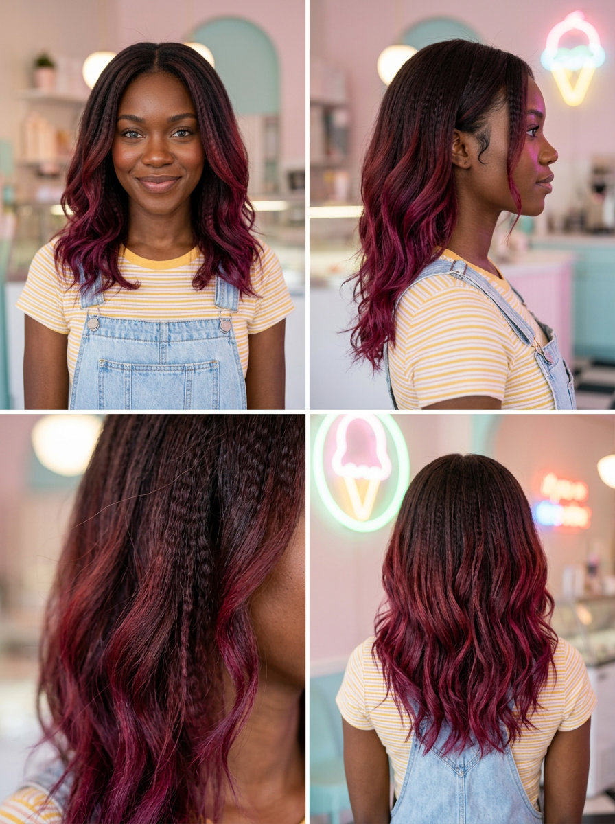 90s Accent Crimps with Cherry Cola Ombre 2026 long cherry cola red ombre crimped accent hairstyle with crimping technique, no fringe β retro music festival