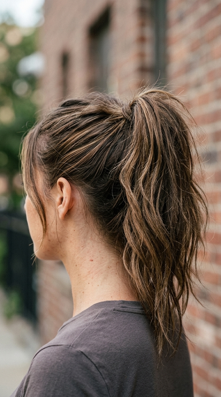Peicey Texture Palm Ponytail 2026: Cherry Cola long piecey ponytail with cherry cola, defined chunky sections, no bangs β edgy music festival