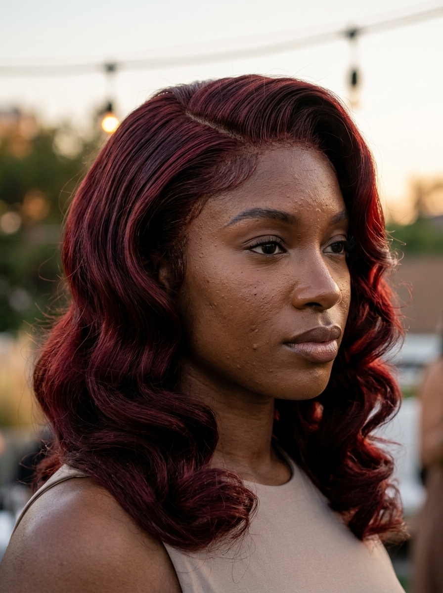 Cherry Cola Hollywood Waves 2026 long cherry cola red waves with sculpted Hollywood curls and deep side part for summer