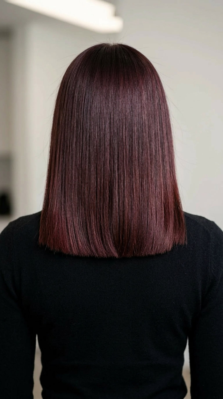 Cherry Cola Midi 2026: Bold Brunette & Red-Violet medium blunt haircut with deep brunette cherry red violet undertones, uniform color β glamorous date night look