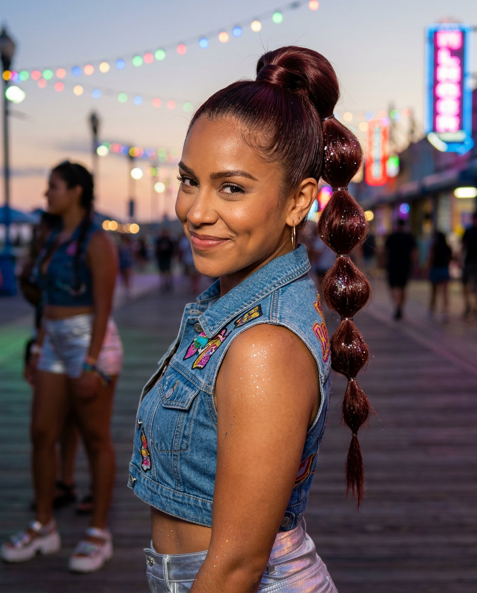 Festival Bubble Ponytail 2026: Cherry Cola Glam medium-long bubble ponytail with cherry cola, multiple bubbles, no bangs β edgy music festival