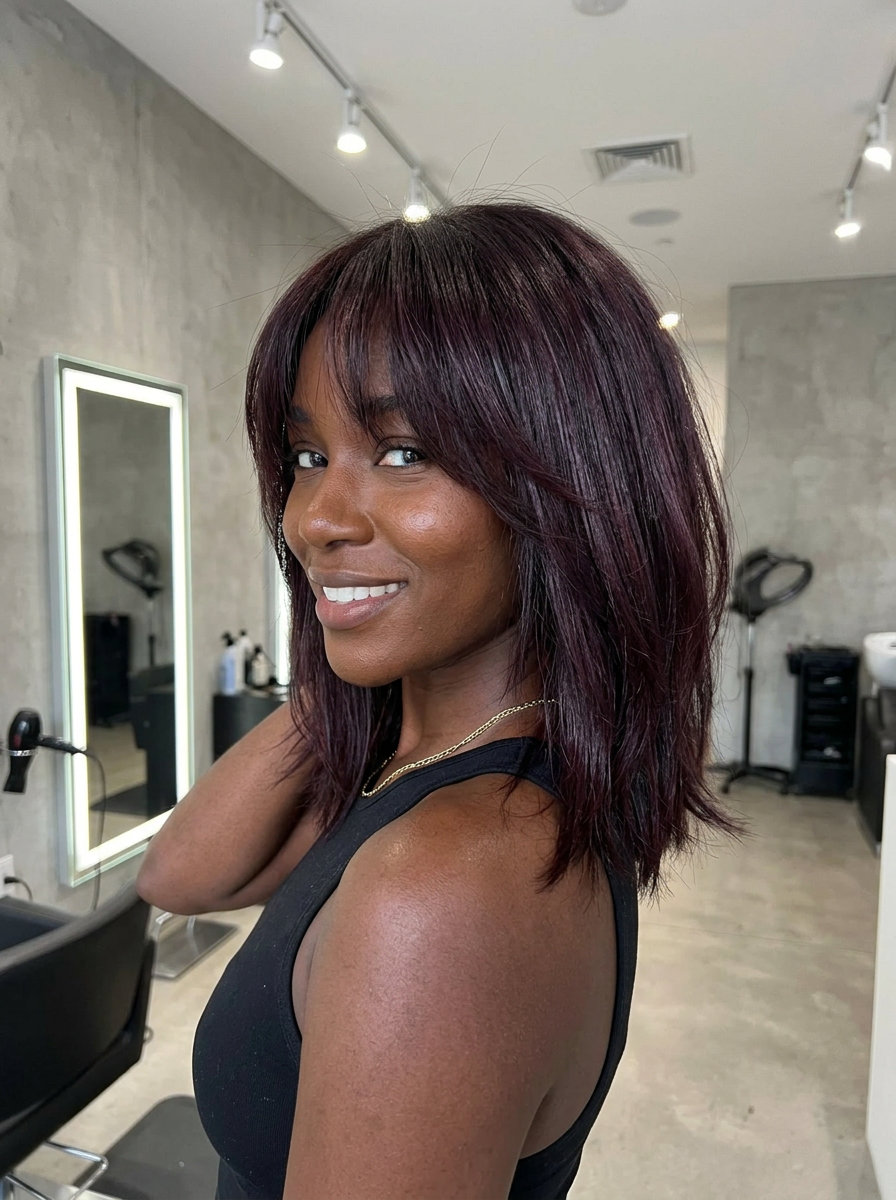 Cherry Cola Shag: Fresh Summer Haircut 2026 medium shag haircut in deep cherry cola brunette with violet-red undertones, razored layers, piecey fringe β bold music festival look