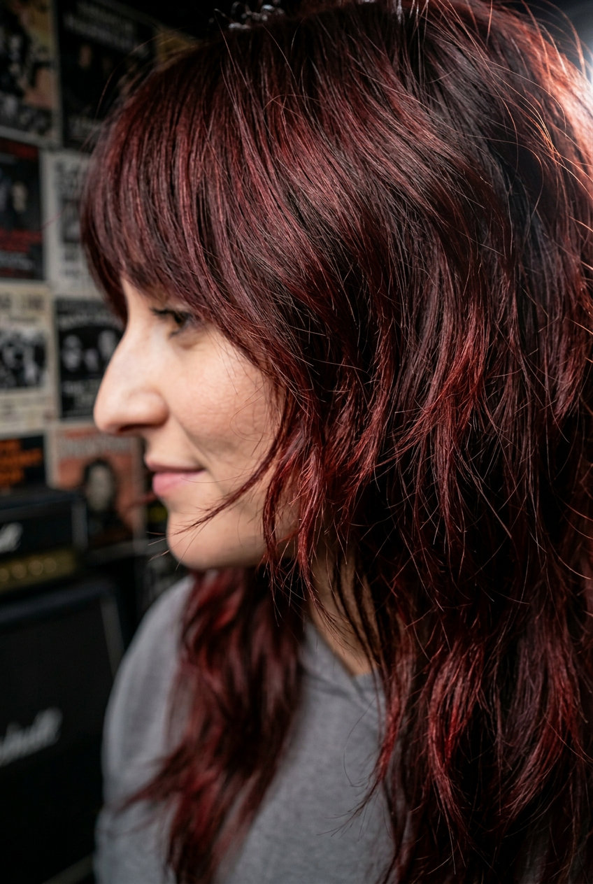 shoulder-length shag haircut with deep cherry cola red-brown, textured layers, and brow-grazing fringe for summer