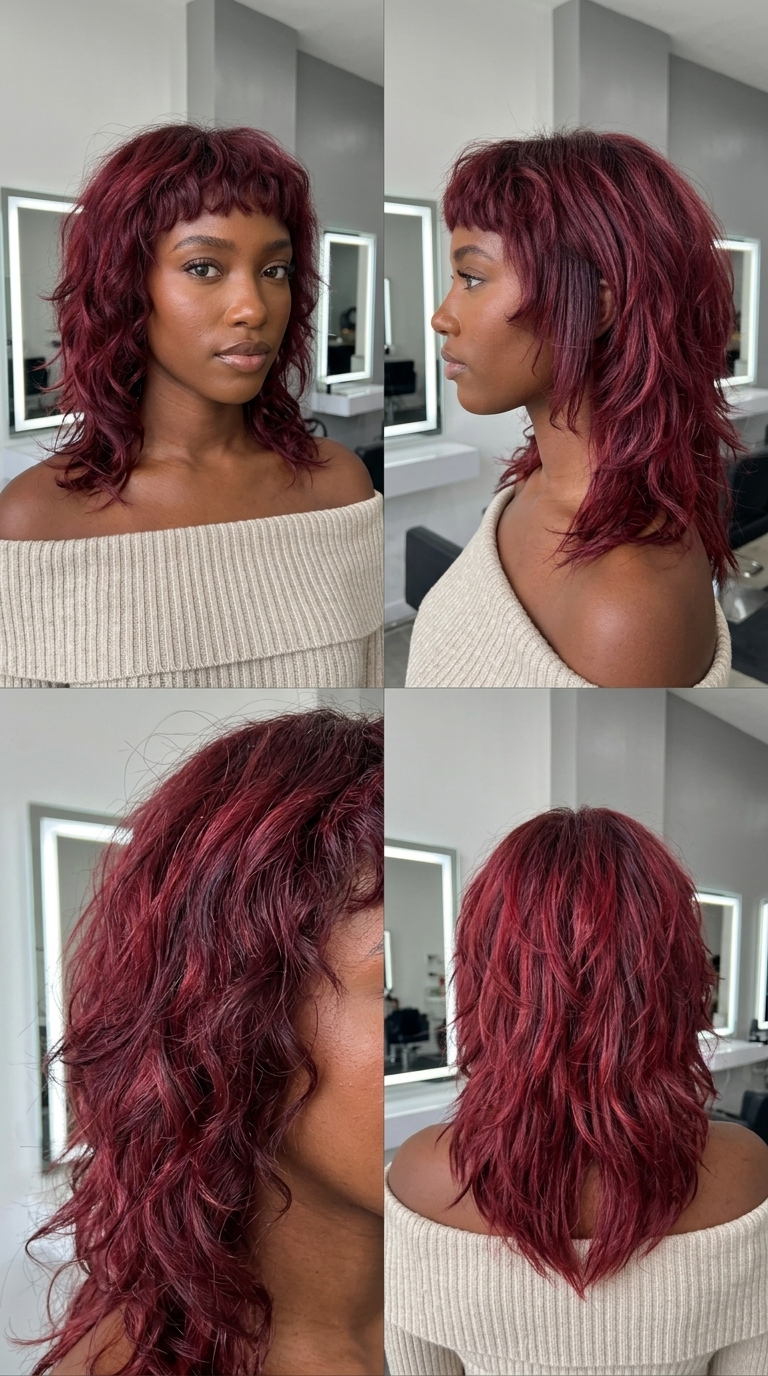Retro Cherry Cola Curly Shag with Micro-Fringe 2026 long curly shag haircut with cherry cola red color, razored layers, and micro-fringe for retro vibes