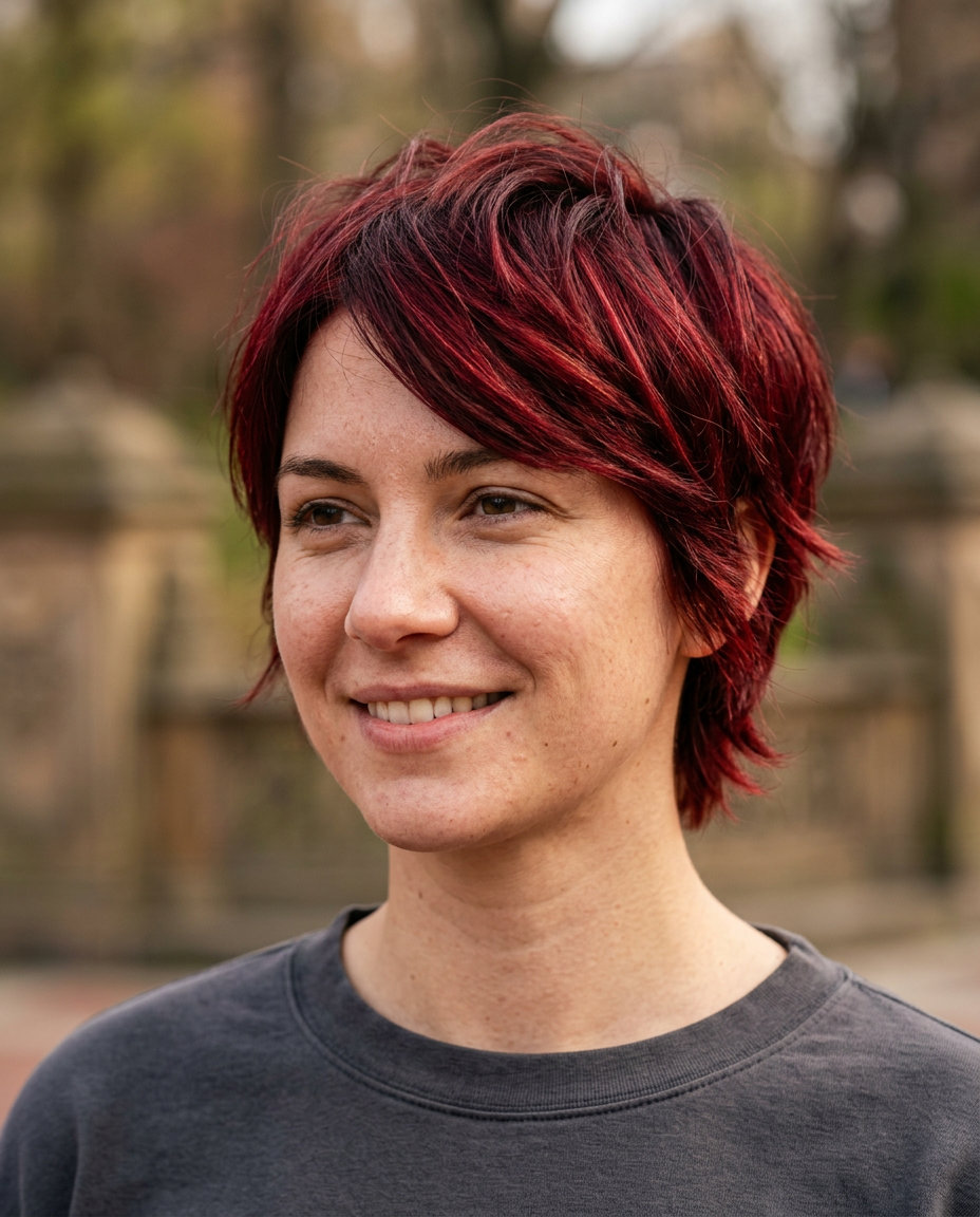 short cherry cola red bixie haircut with violet undertones and choppy texture for festivals