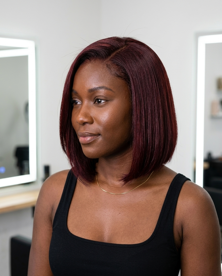 Gorgeous Summer French Bob 2026: Cherry Cola Statement Bob short french bob haircut with deep cherry cola red, violet undertones, and point-cut ends — bold sultry style