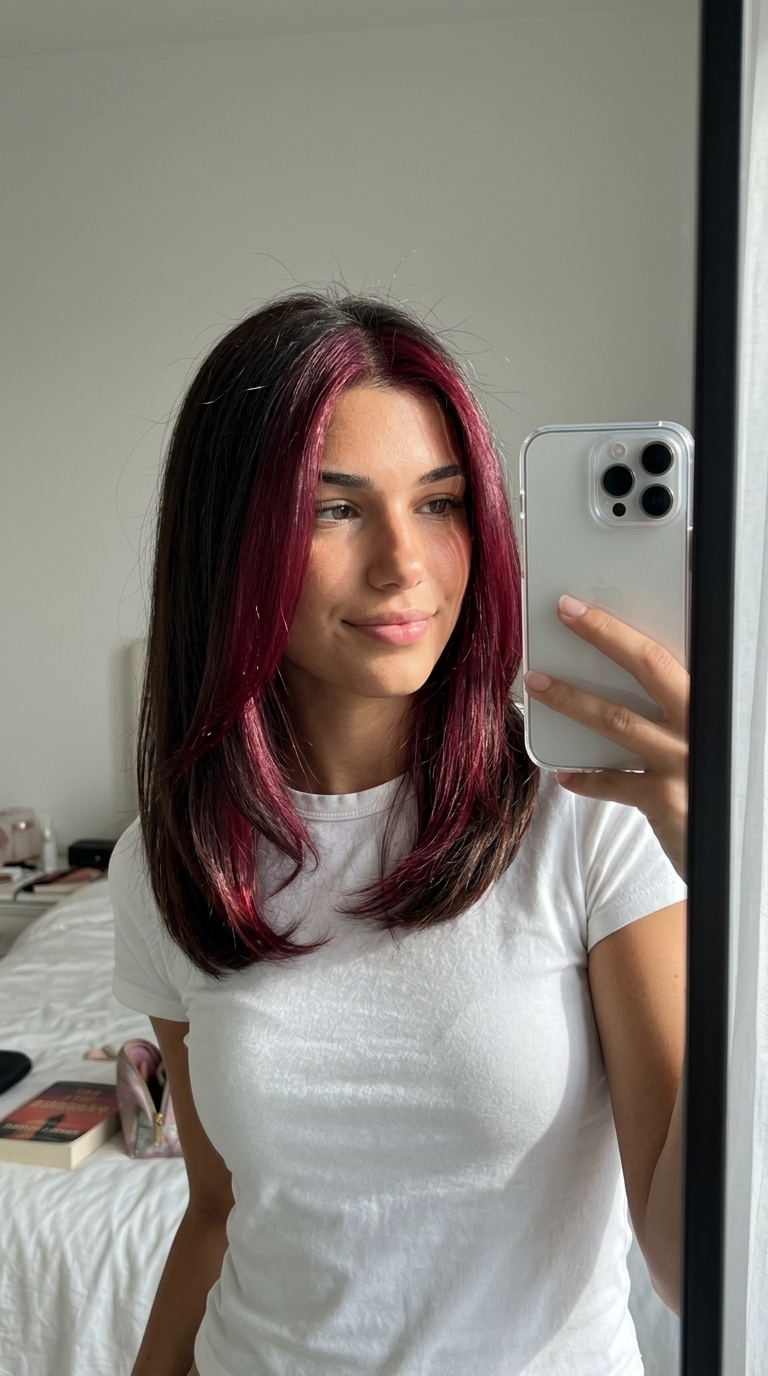 long layered haircut with cherry cola red-violet money pieces, vibrant cool-toned highlights for festivals