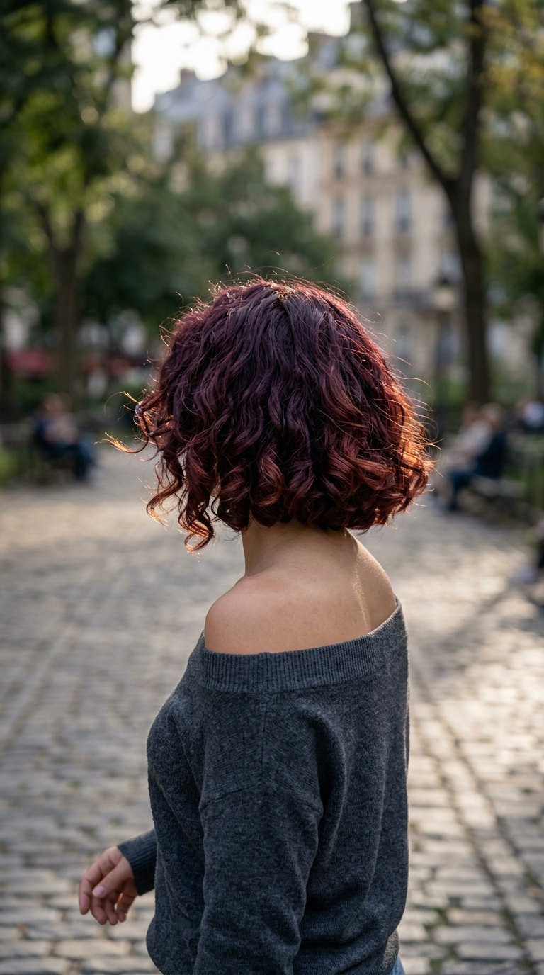 Cherry Cola Italian Bob 2026: Bold Curly Haircut short curly Italian bob with cherry cola red & purple undertones, blunt textured ends, no fringe β playful summer look