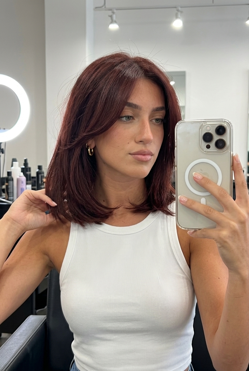 short wavy lob in deep cherry cola with red undertones, face-framing layers, side part — romantic sultry
