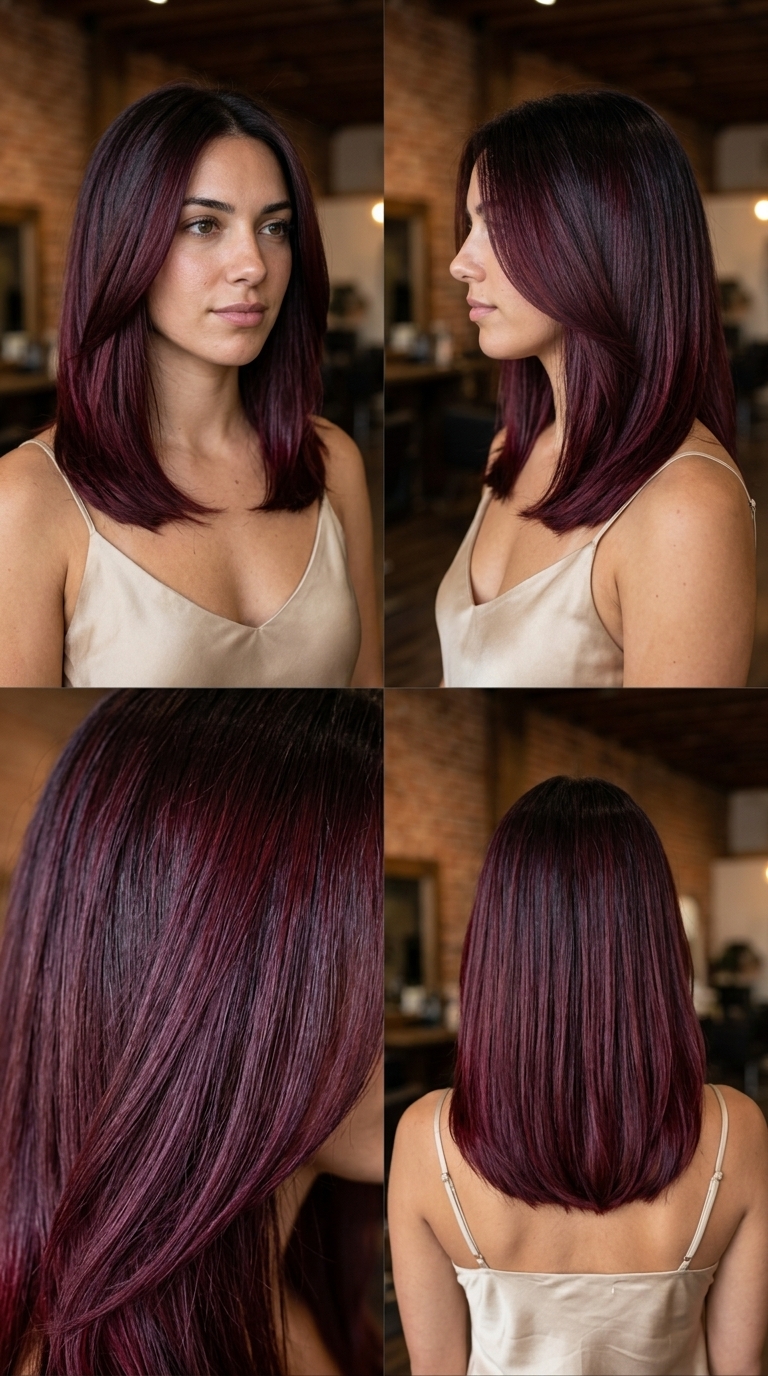 long blunt deep cherry burgundy color melt from dark root for romance