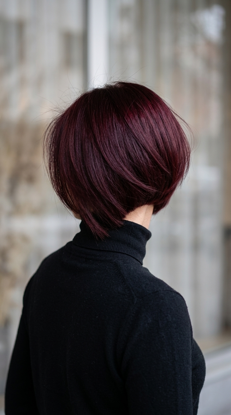 short asymmetrical bob in deep cherry red-brown with violet undertones, angled cut — bold striking