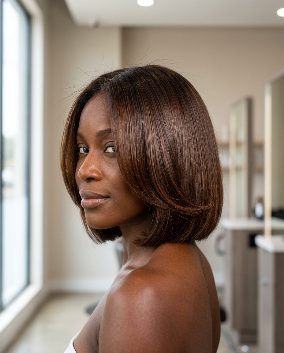 chin-length bob haircut with deep chestnut brunette, inward curve layers for round face
