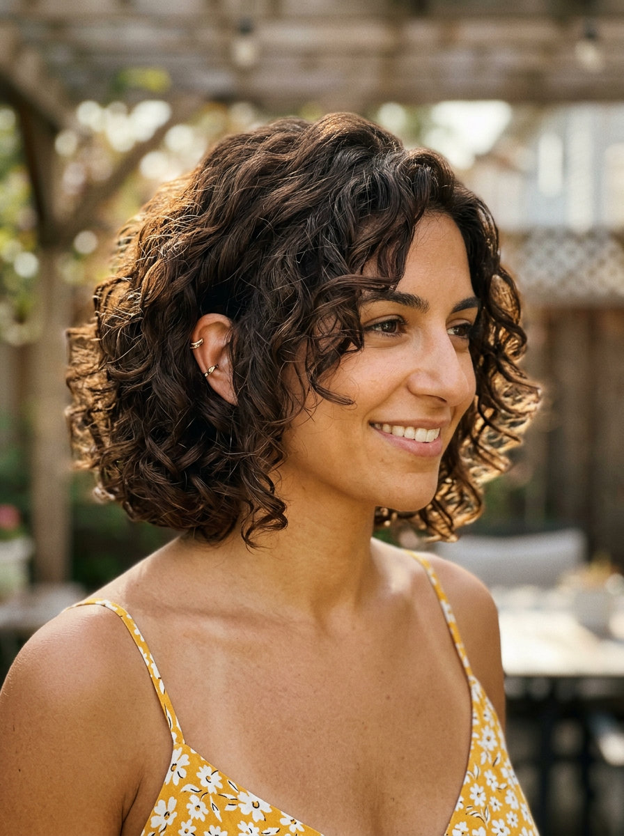 Textured Curly Bob: Natural Summer Cut 2026 chin-length bob haircut with rich chocolate brown, internal layering, and face-framing curls β natural confidence
