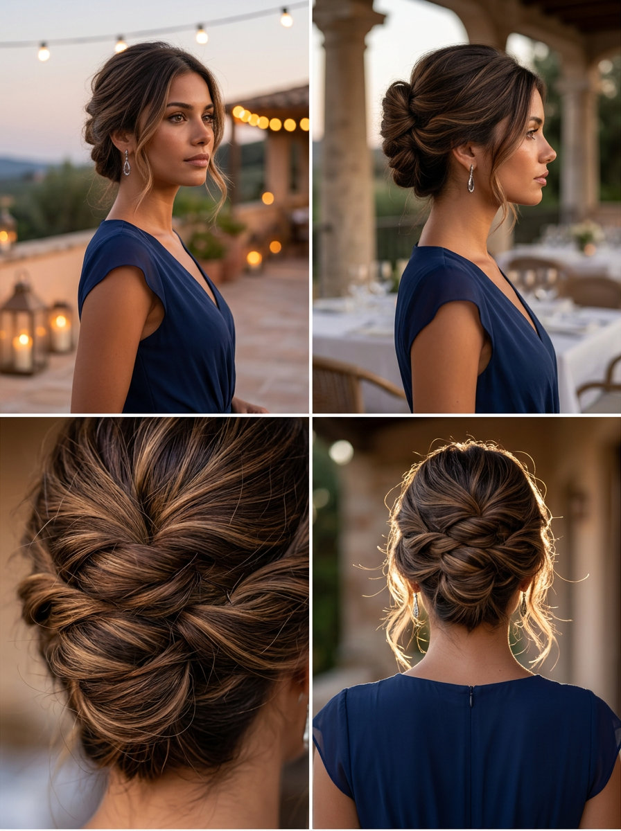 long chocolate brown textured french twist with face-framing pieces, elegant — date night