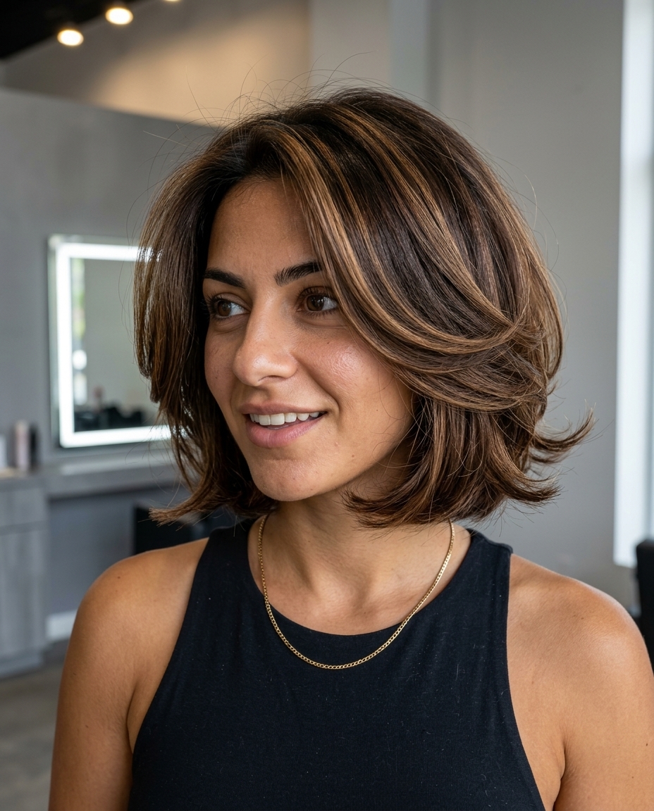 short italian bob haircut with chocolate brown highlights, caramel ribbons and layered crown for 90s flip