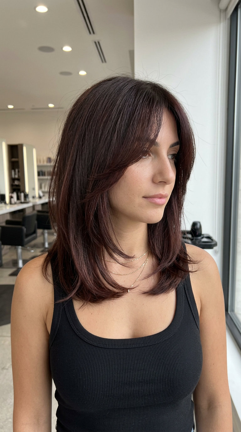 mid-length shag haircut in deep chocolate brown with subtle cherry undertones and soft fringe