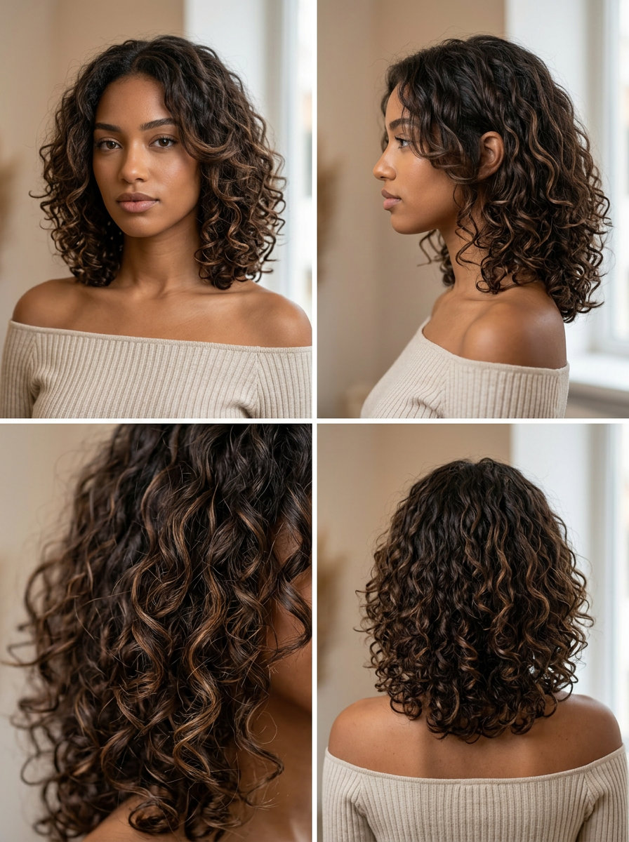 collarbone-length Kitty Cut haircut with chocolate brunette & caramel balayage, soft layers, no bangs — romantic summer style