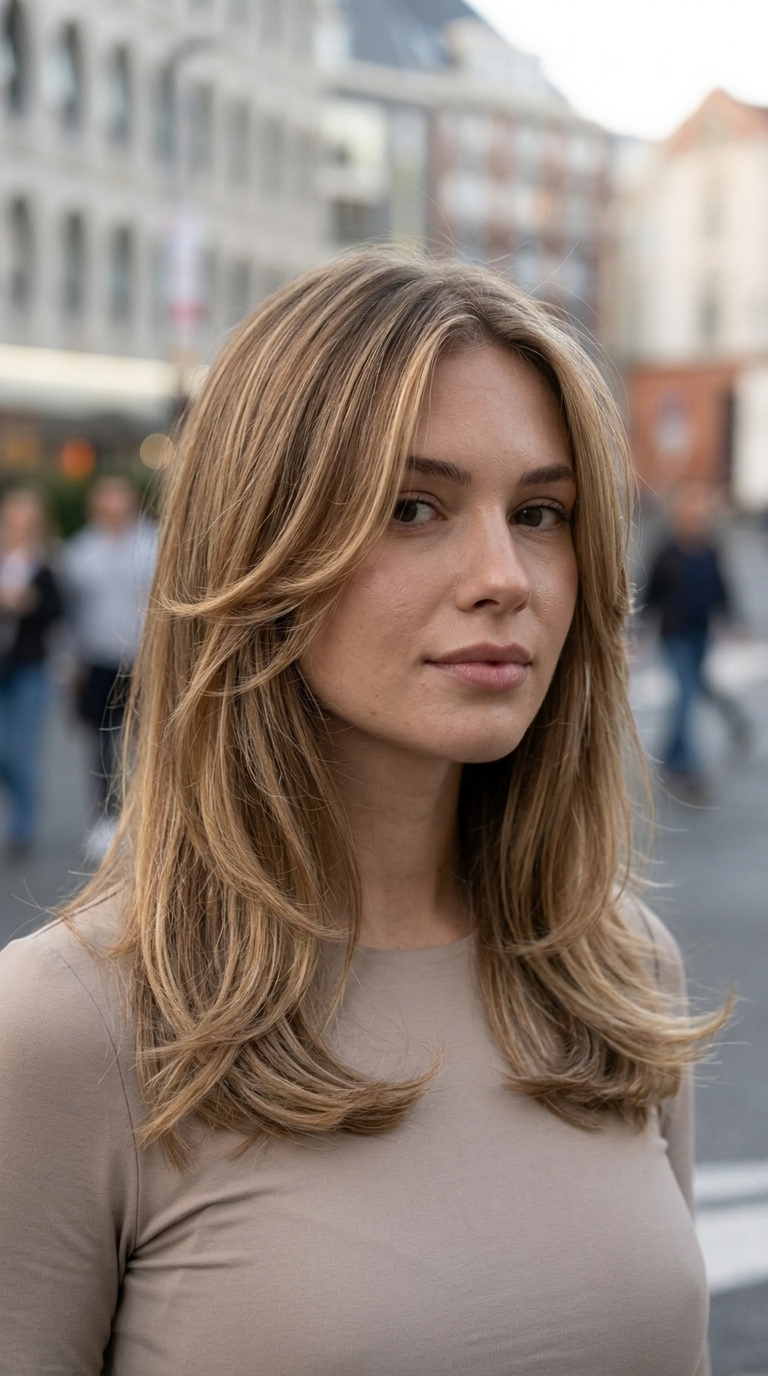 collarbone-length layered haircut with chocolate brunette & caramel balayage, golden gloss — sophisticated summer style