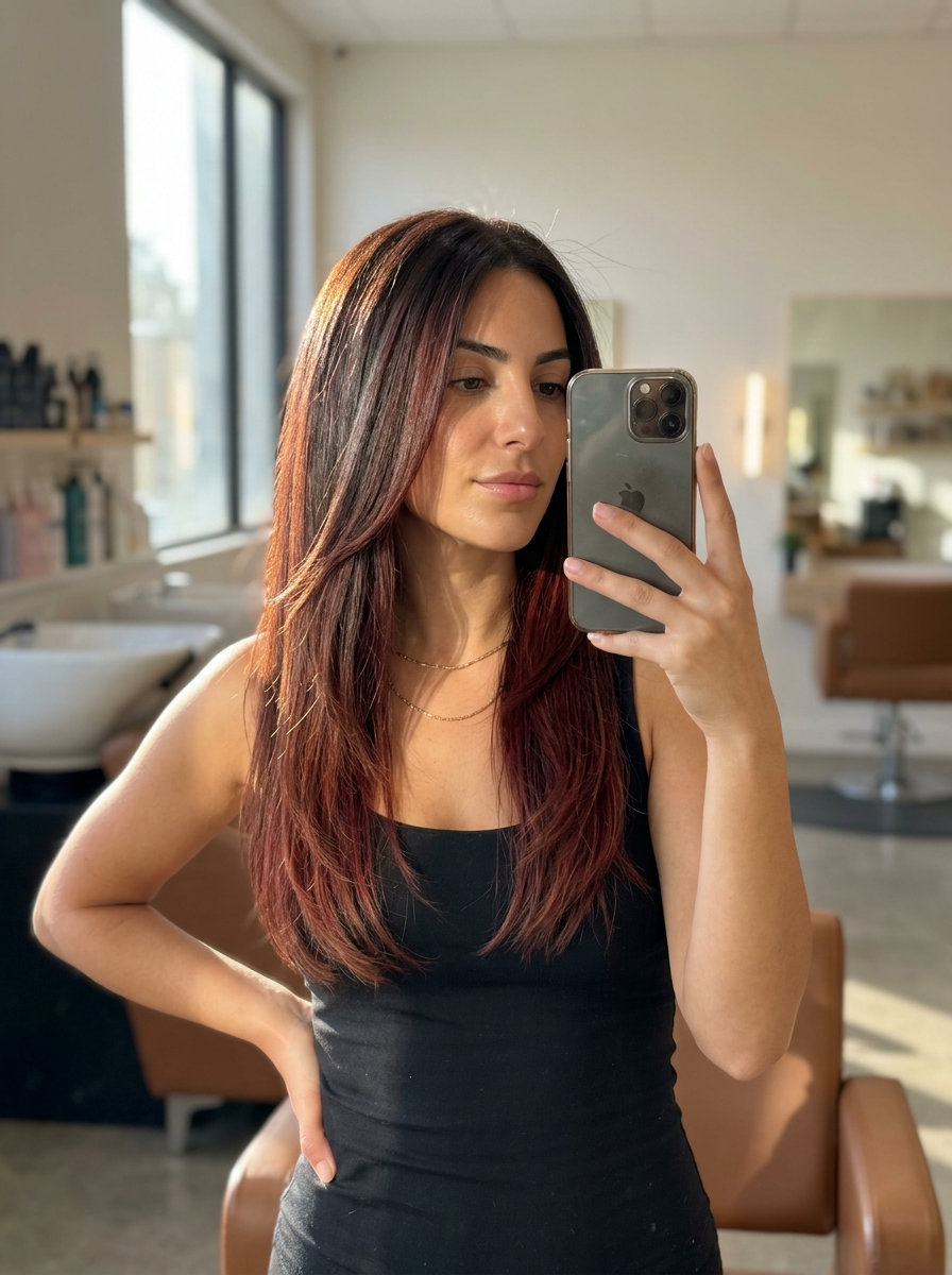 long chocolate & auburn cherry ombre with V-cut layers & face-framing for romance