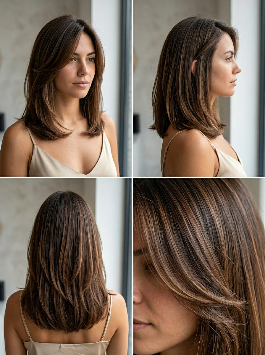 shoulder-length lob haircut in warm chocolate with caramel highlights, internal layering, deep side part — chic professional look