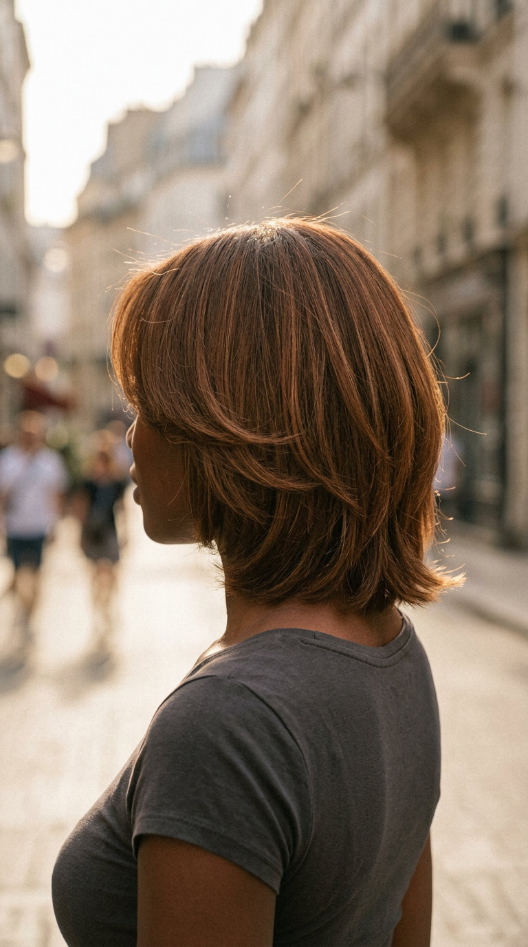 collarbone-length layered haircut with cinnamon brunette & copper highlights, rounded layers, sweeping curtain bangs — playful summer vibe