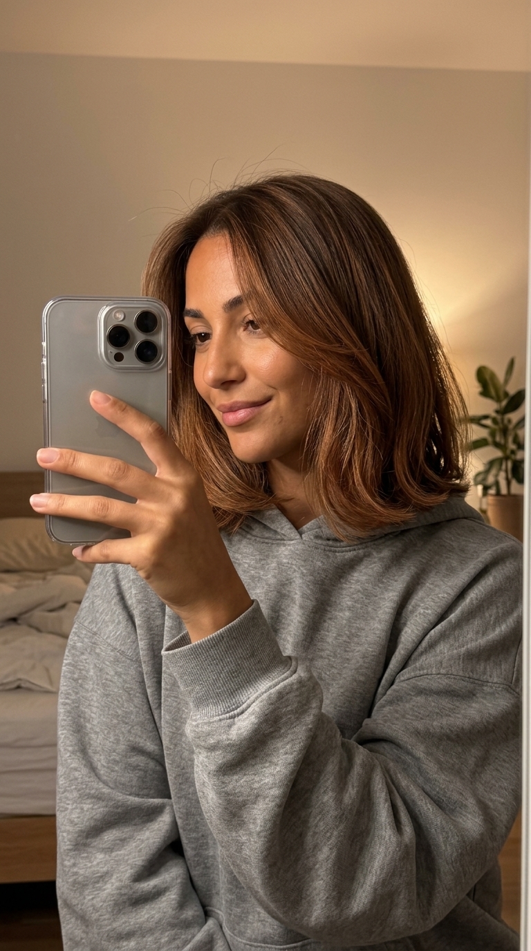 long cinnamon copper balayage with warm golden undertones, micro-balayage technique for brunch