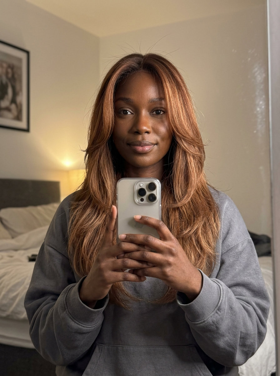 long layered haircut cinnamon auburn with sandy brown melt and U-shaped back for beach days