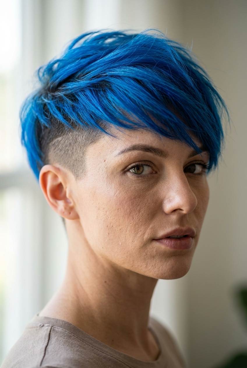 very short pixie haircut in electric cobalt blue with razored texture for edgy style