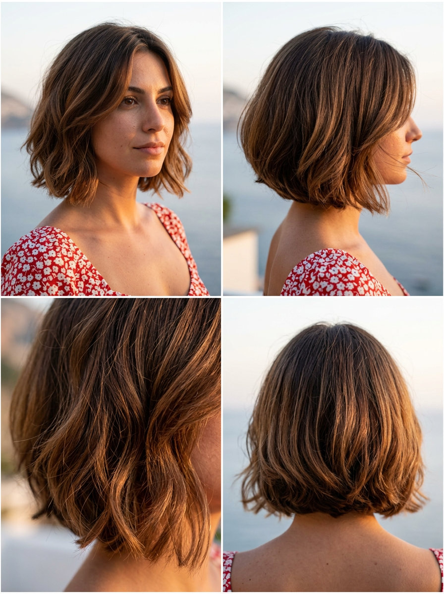 short Italian bob in warm cocoa brunette with caramel lowlights and face-framing layers for date night