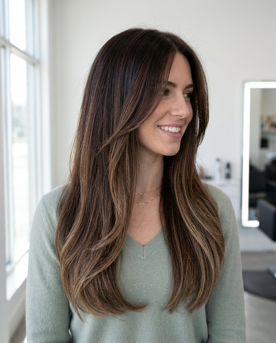long flowing hair with deep coffee brunette and neutral bronde balayage, subtle internal layers — soft sophisticated effortless