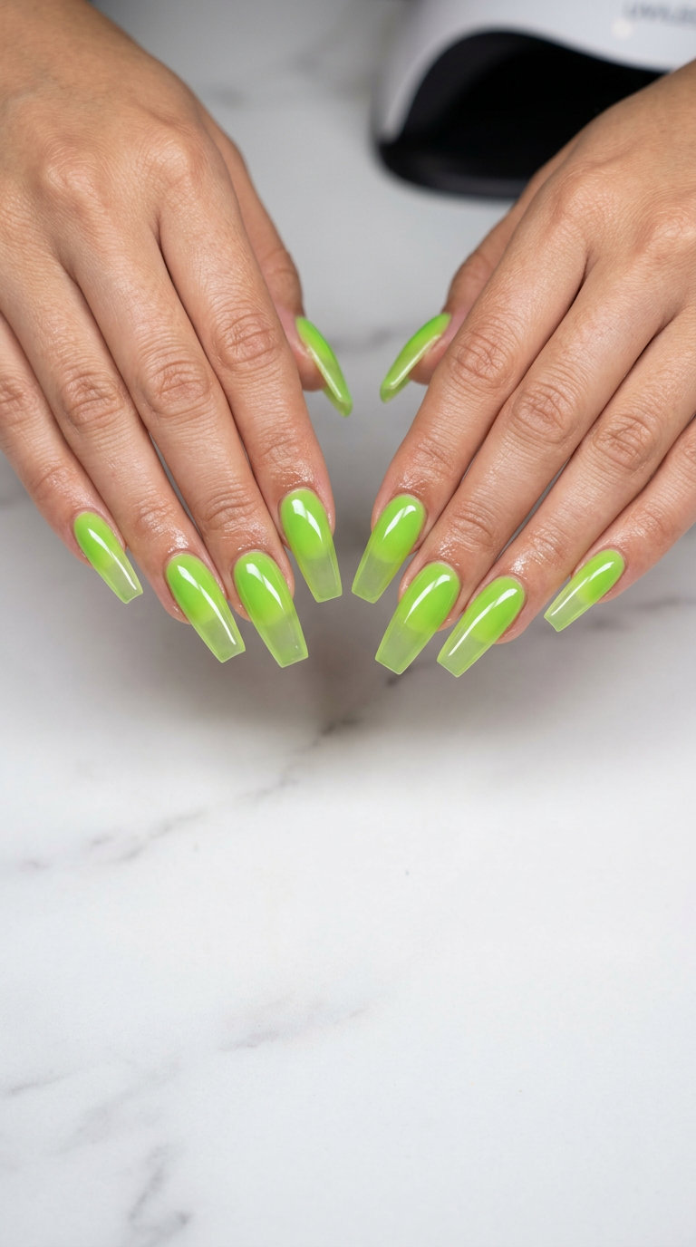 Electric Aura Lime Coffin Nails 2026 | Festival & Summer Style Electric Aura Lime Coffin nails: vibrant lime green fading to translucent for festivals & summer concerts 2026.