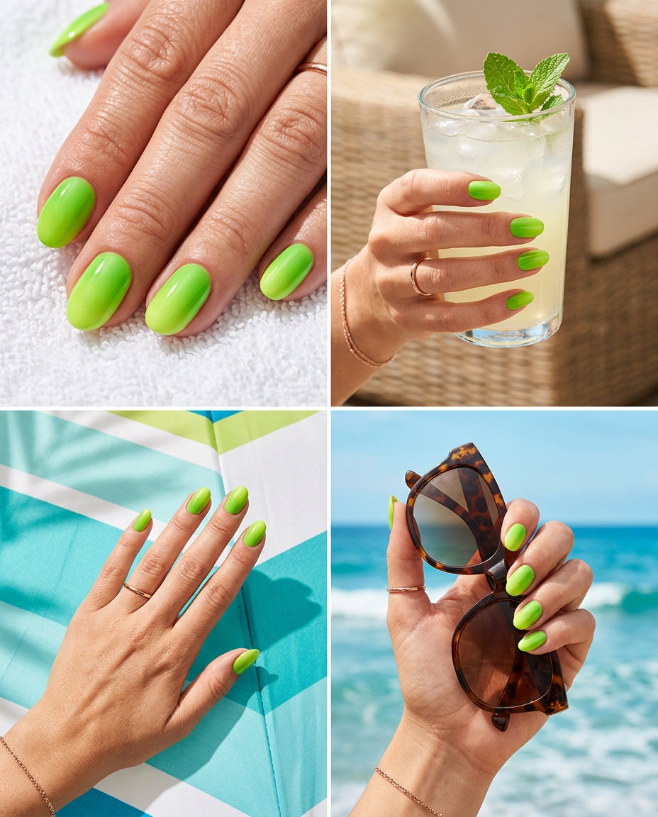 Electric Bloom Gradient Nails 2026 | Festival & Summer Party Style Electric Bloom Gradient nails: lime green with translucent effect for festivals & summer parties 2026.